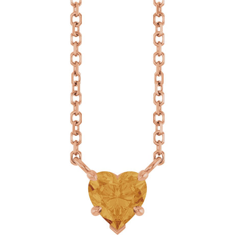 14K Gold Natural Citrine Heart Solitaire Necklace - Rose Gold