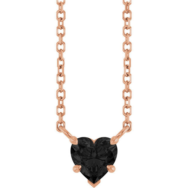 14K Gold Natural Onyx Heart Solitaire Necklace - Rose Gold