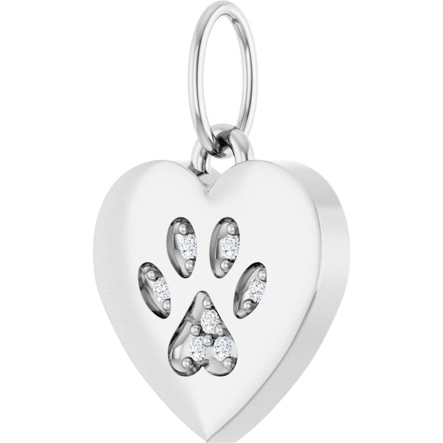 14K Gold Round Natural Diamond Engravable Paw Print Heart Pendant - White Gold - view 6