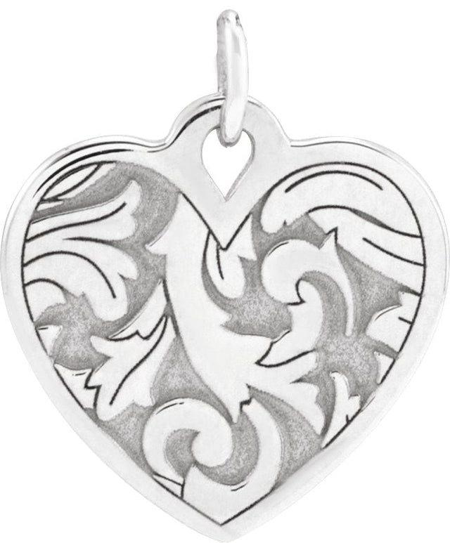 14K Gold Engravable Floral Heart Necklace or Pendant - White Gold