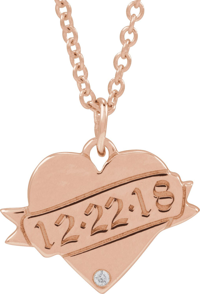 14K Gold Round Natural Diamond Engravable Accented Heart Necklace or Pendant – 005 CTW - Rose Gold - view 6
