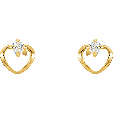 14K Gold Round White Cubic Zirconia Youth Heart Earrings - view 2