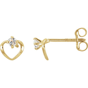 14K Gold Round White Cubic Zirconia Youth Heart Earrings