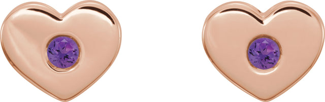 14K Gold Round Natural Amethyst Heart Earrings - Rose Gold - view 6