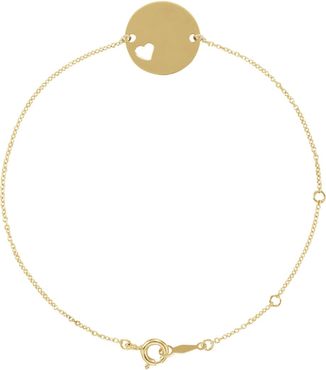 14K Gold Engravable Pierced Heart Disc Bracelet - Yellow Gold