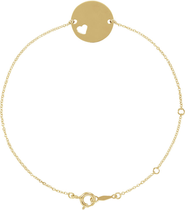14K Gold Engravable Pierced Heart Disc Bracelet - Yellow Gold