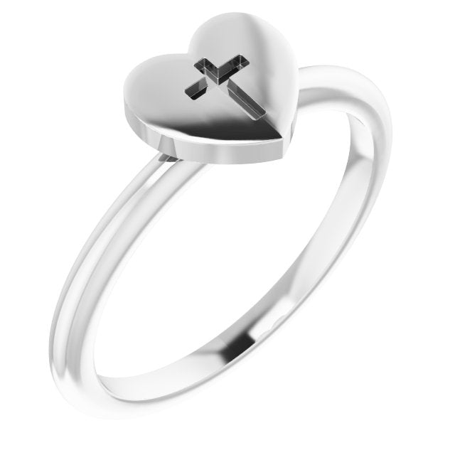 14K Gold Heart with Cross Ring - White Gold