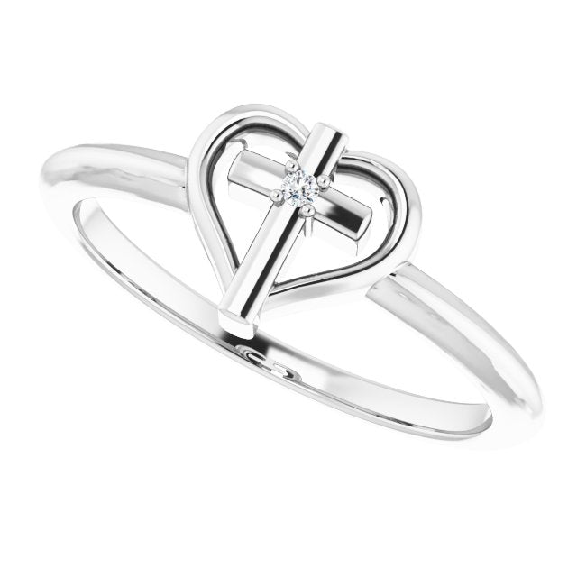 Platinum Round Natural Diamond Accented Cross & Heart Ring - view 10