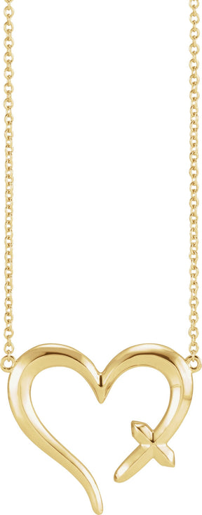 14K Gold Cross & Heart Necklace - Yellow Gold