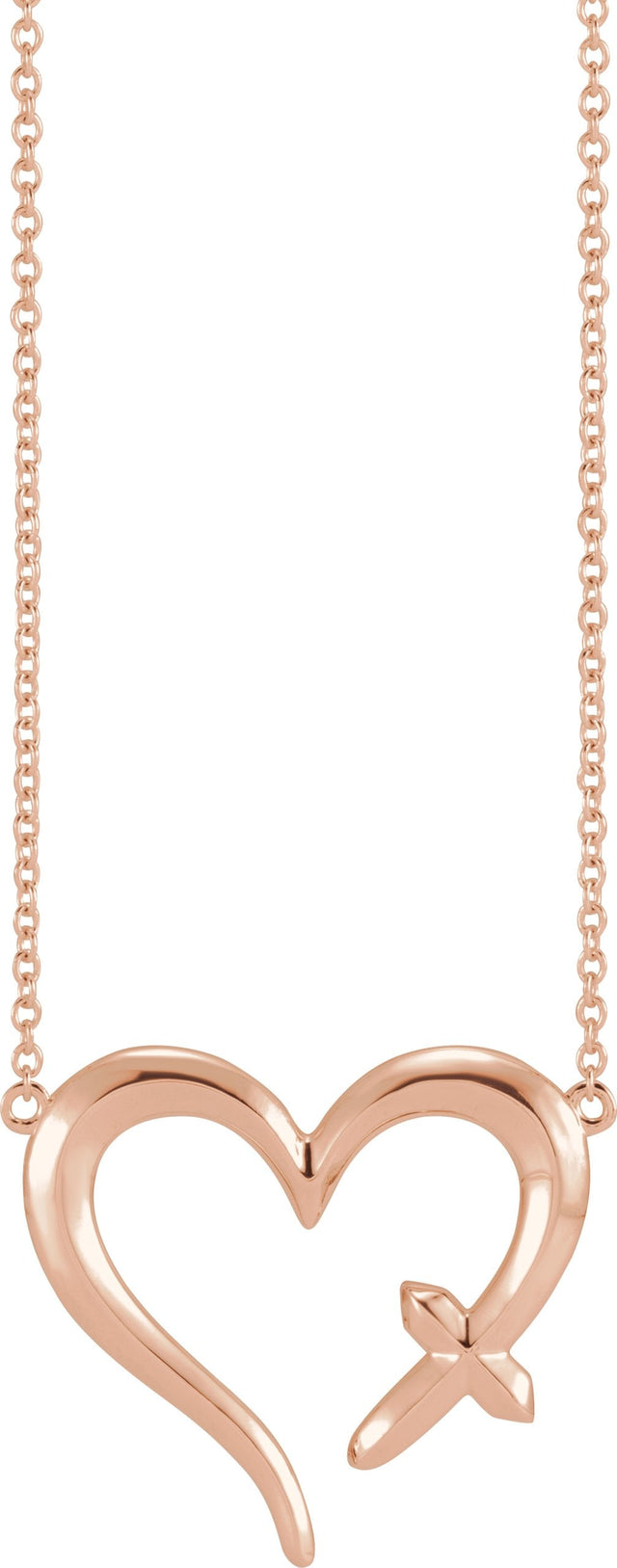 14K Gold Cross & Heart Necklace - Rose Gold