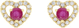 14K Gold Round Natural Ruby & Natural Diamond Heart Earrings - Yellow Gold - view 4