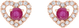 14K Gold Round Natural Ruby & Natural Diamond Heart Earrings - Rose Gold - view 4