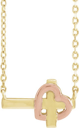 14K Gold Sideways Cross & Heart Necklace - Two-Tone - view 4
