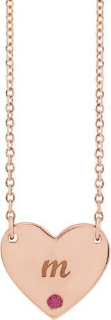 14K Gold Round Natural Ruby Engravable Heart Necklace - Rose Gold - view 6