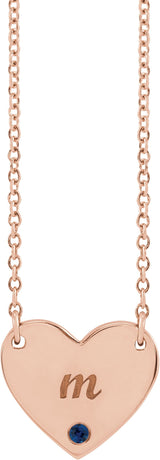 14K Gold Round Natural Blue Sapphire Engravable Heart Necklace - Rose Gold - view 6