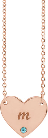 14K Gold Round Natural Blue Zircon Engravable Heart Necklace - Rose Gold - view 6