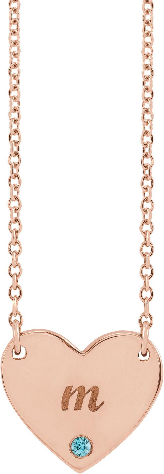 14K Gold Round Natural Blue Zircon Engravable Heart Necklace - Rose Gold - view 6