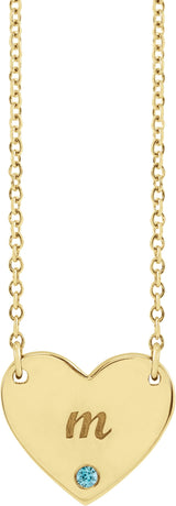 14K Gold Round Natural Blue Zircon Engravable Heart Necklace - Yellow Gold - view 6