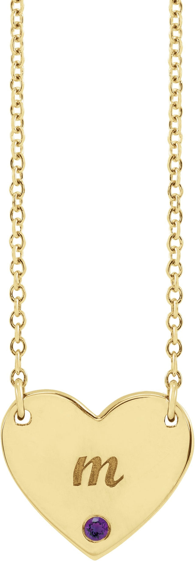 14K Gold Round Natural Amethyst Engravable Heart Necklace - Yellow Gold - view 6