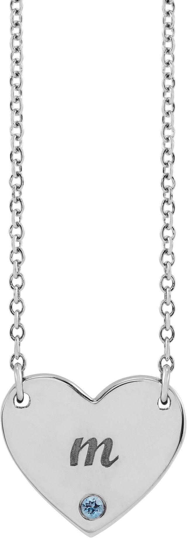Platinum Round Natural Aquamarine Engravable Heart Necklace - view 6