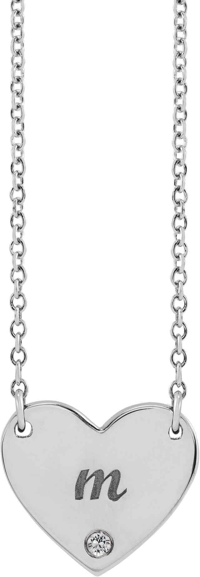 Platinum Round Natural White Sapphire Engravable Heart Necklace - view 6