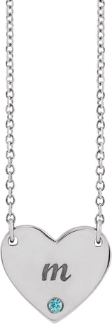 Platinum Round Natural Blue Zircon Engravable Heart Necklace - view 6