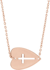 14K Gold Sideways Heart with Pierced Cross Necklace - Rose Gold