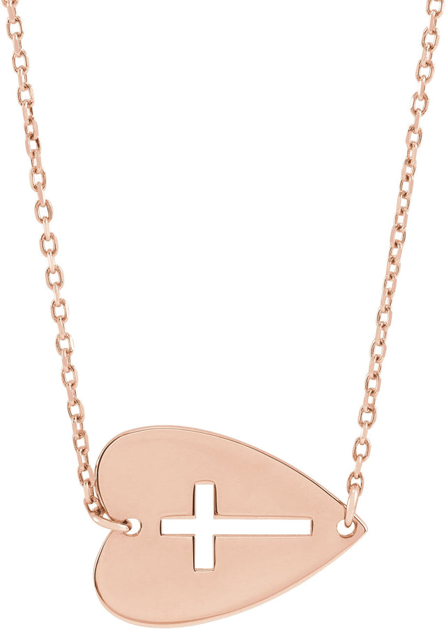 14K Gold Sideways Heart with Pierced Cross Necklace - Rose Gold