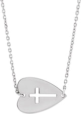 14K Gold Sideways Heart with Pierced Cross Necklace - White Gold