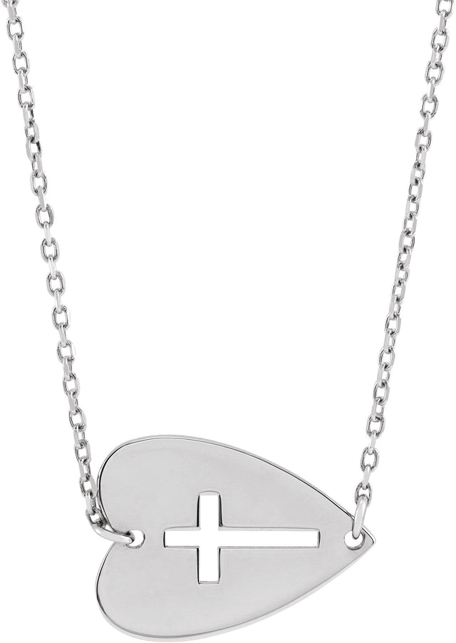 Platinum Sideways Heart with Pierced Cross Necklace