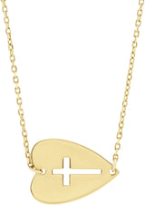 14K Gold Sideways Heart with Pierced Cross Necklace - Yellow Gold