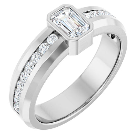 14K Gold Emerald Lab-Grown Diamond Accented Band - 6x4mm Stones - White Gold