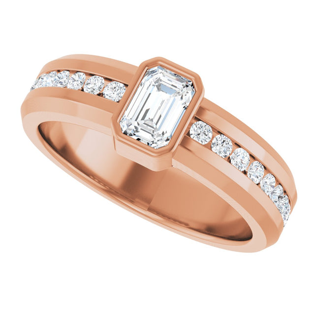 14K Gold Emerald Lab-Grown Diamond Accented Band - 6x4mm Stones - Rose Gold - view 5
