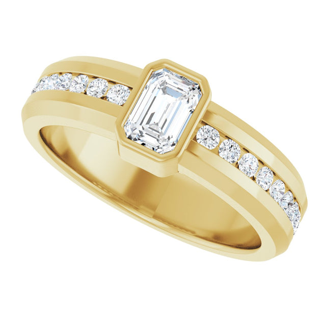 14K Gold Emerald Lab-Grown Diamond Accented Band - 6x4mm Stones - Yellow Gold - view 5