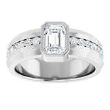 14K Gold Emerald Lab-Grown Diamond Accented Band - 7x5mm Stones - White Gold - view 3