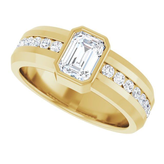 14K Gold Emerald Lab-Grown Diamond Accented Band - 7x5mm Stones - Yellow Gold - view 5