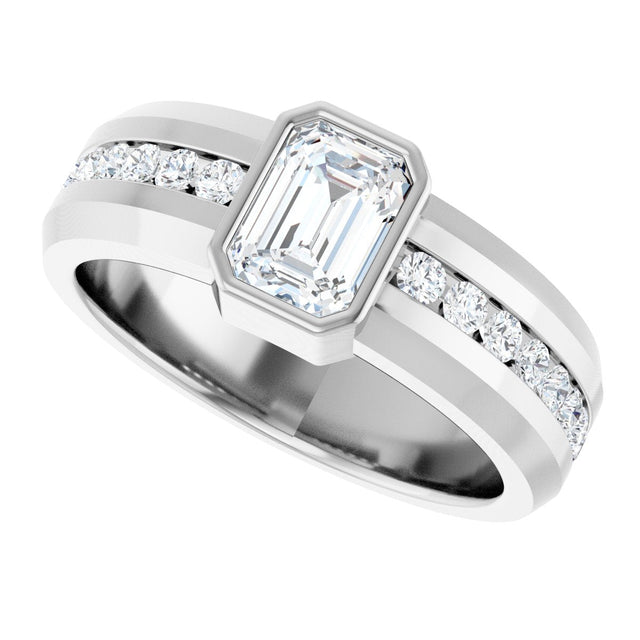 14K Gold Emerald Lab-Grown Diamond Accented Band - 7x5mm Stones - White Gold - view 5