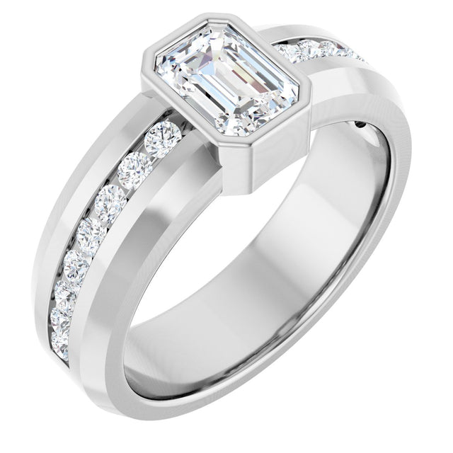 14K Gold Emerald Lab-Grown Diamond Accented Band - 7x5mm Stones - White Gold
