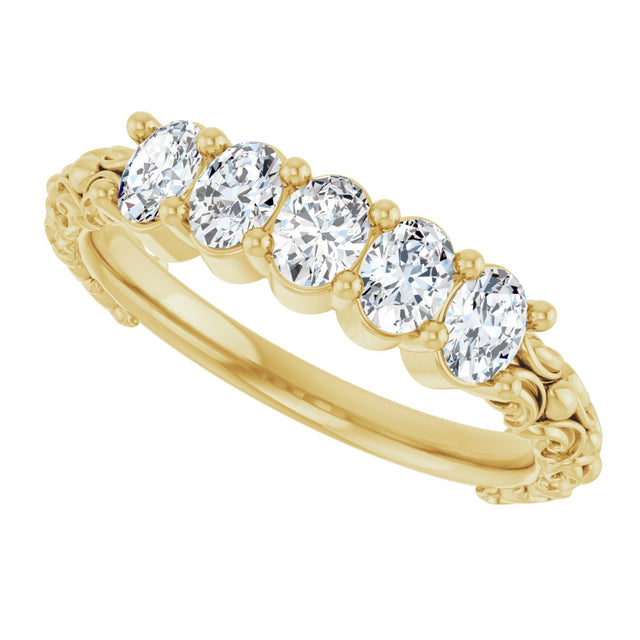 14K Gold Oval Natural Diamond Five-Stone Sculptural Anniversary Band - 3/4 CTW - Yellow Gold - view 10