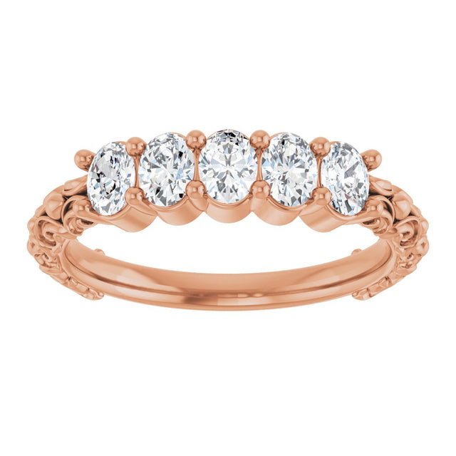 14K Gold Oval Natural Diamond Five-Stone Sculptural Anniversary Band - 3/4 CTW - Rose Gold - view 8