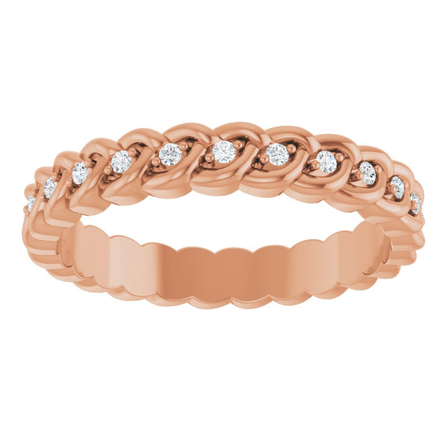 14K Gold Round Natural Diamond Rope Eternity Band - 1mm Stones - Rose Gold - view 3