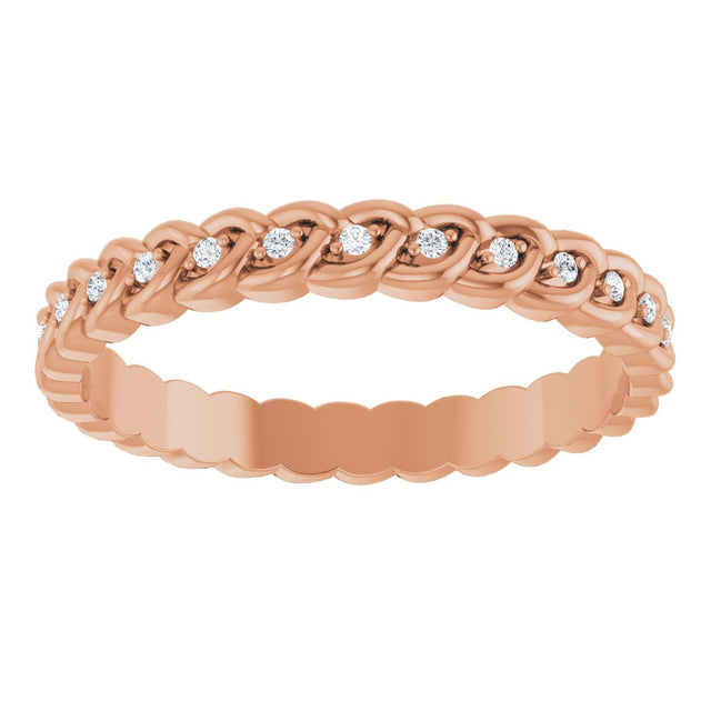 14K Gold Round Natural Diamond Rope Eternity Band - 1mm Stones - Rose Gold - view 3