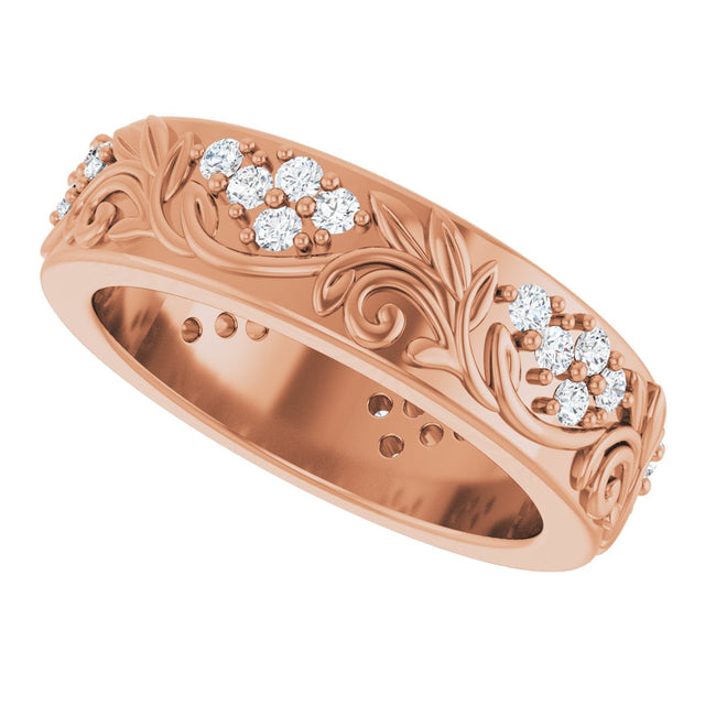 14K Gold Round Lab-Grown Diamond Accented Floral Band - 1.5mm Stones - Rose Gold - view 10