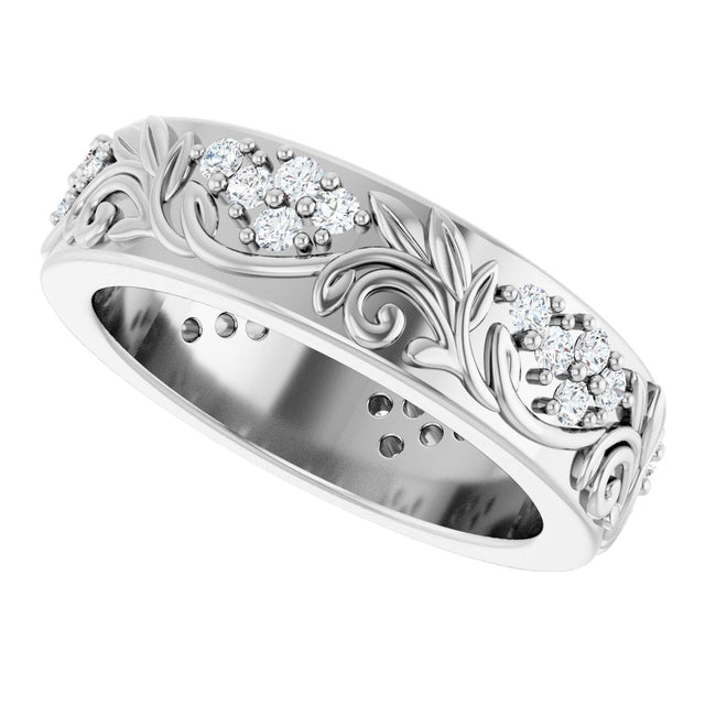 Platinum Round Lab-Grown Diamond Accented Floral Band - 1.5mm Stones - view 10