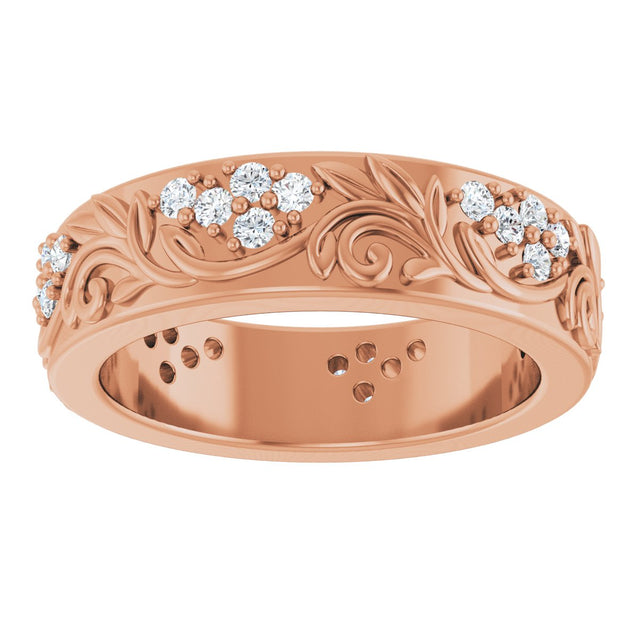 14K Gold Round Lab-Grown Diamond Accented Floral Band - 1.5mm Stones - Rose Gold - view 8