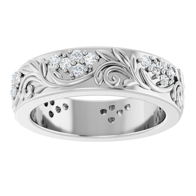 Platinum Round Lab-Grown Diamond Accented Floral Band - 1.5mm Stones - view 8