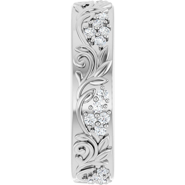 14K Gold Round Lab-Grown Diamond Accented Floral Band - 1.5mm Stones - White Gold - view 9