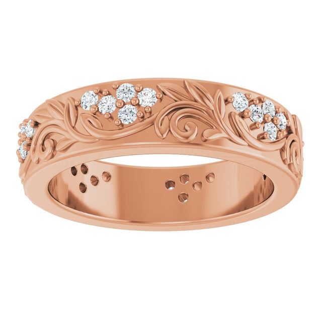 14K Gold Round Lab-Grown Diamond Accented Floral Band - 1.5mm Stones - Rose Gold - view 8