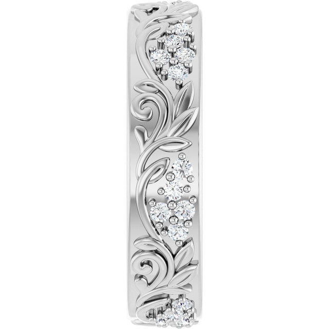 14K Gold Round Lab-Grown Diamond Accented Floral Band - 1.5mm Stones - White Gold - view 9