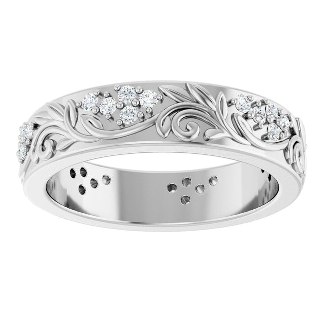 14K Gold Round Lab-Grown Diamond Accented Floral Band - 1.5mm Stones - White Gold - view 8